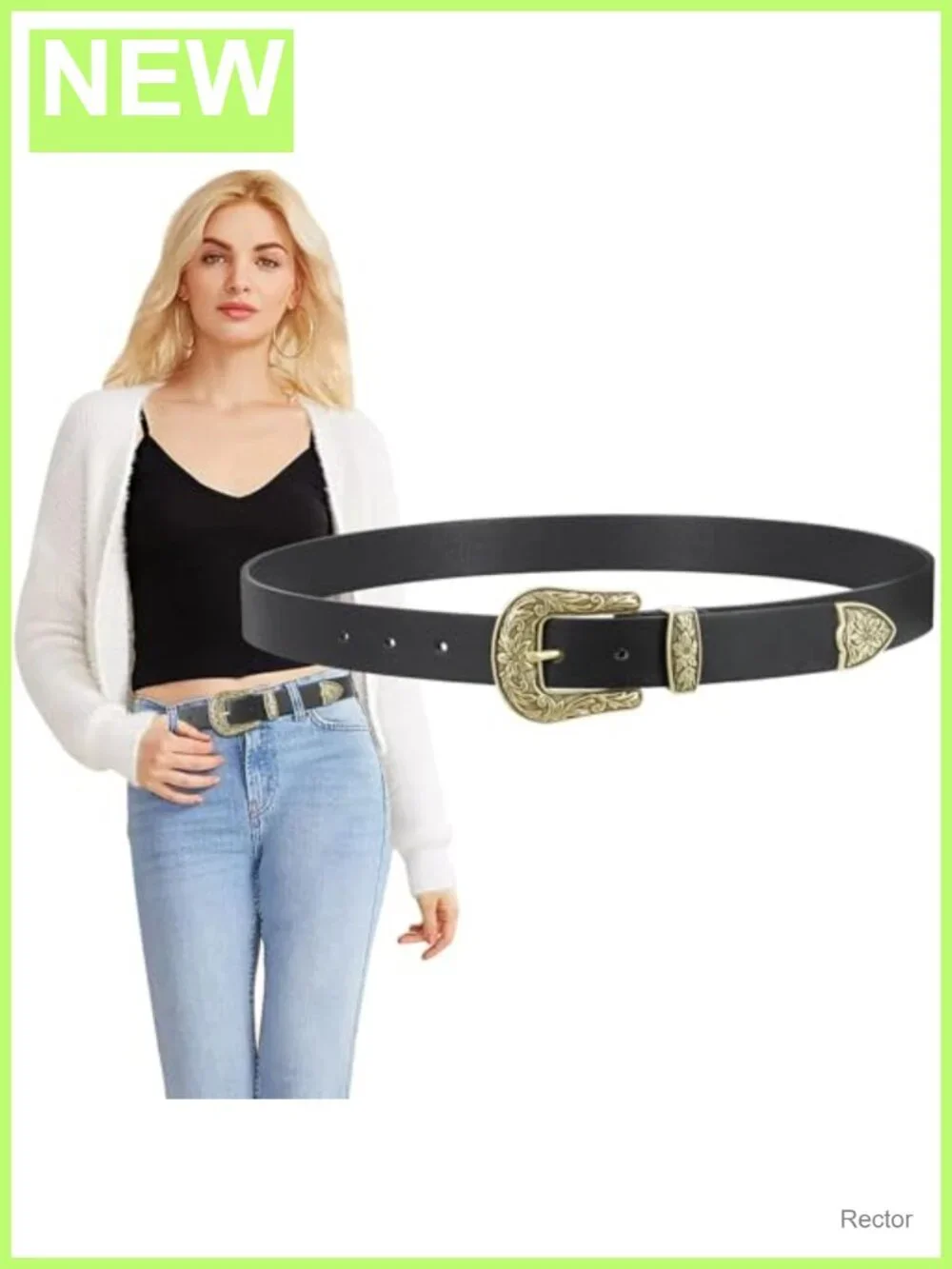Vintage Western Belt for Women PU Leather Floral Carved Buckle Waist Belt for
